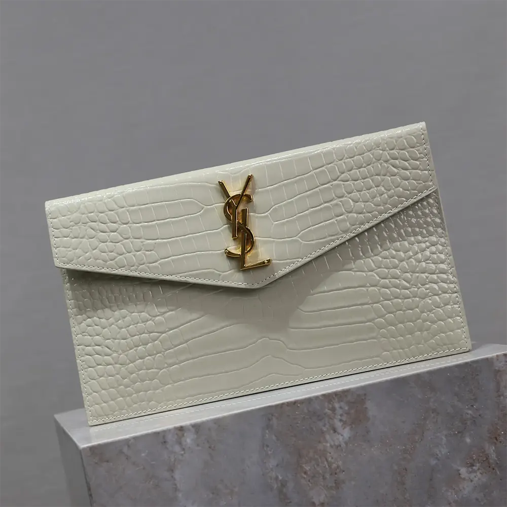 Saint Laurent YSL Women Uptown Pouch in Crocodile-embossed Shiny Leather-White - image 4