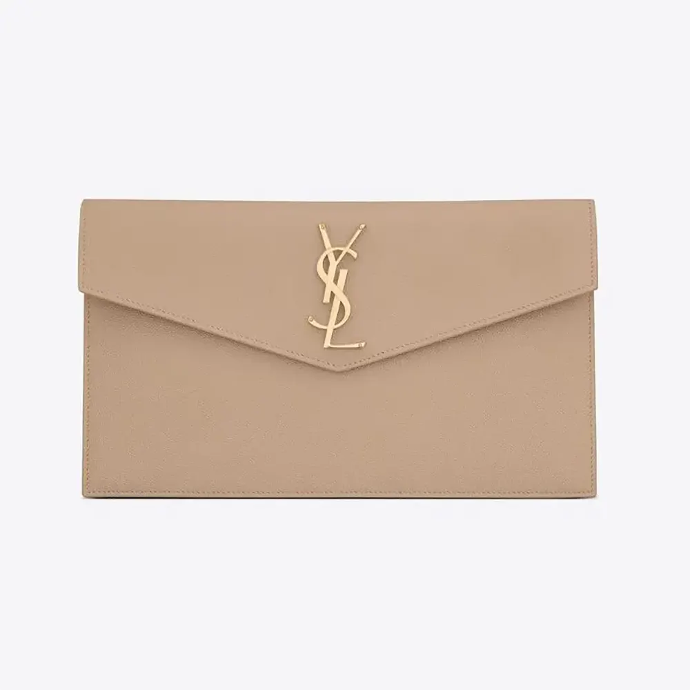 Front view of Saint Laurent YSL Women Uptown Pouch sandy leather