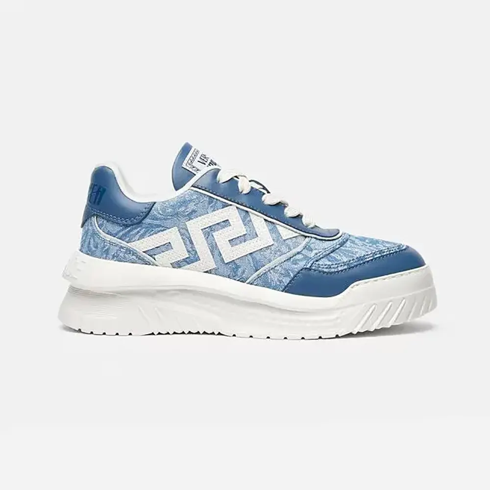 Side view of Versace Unisex Greca Odissea Sneakers in vibrant blue leather