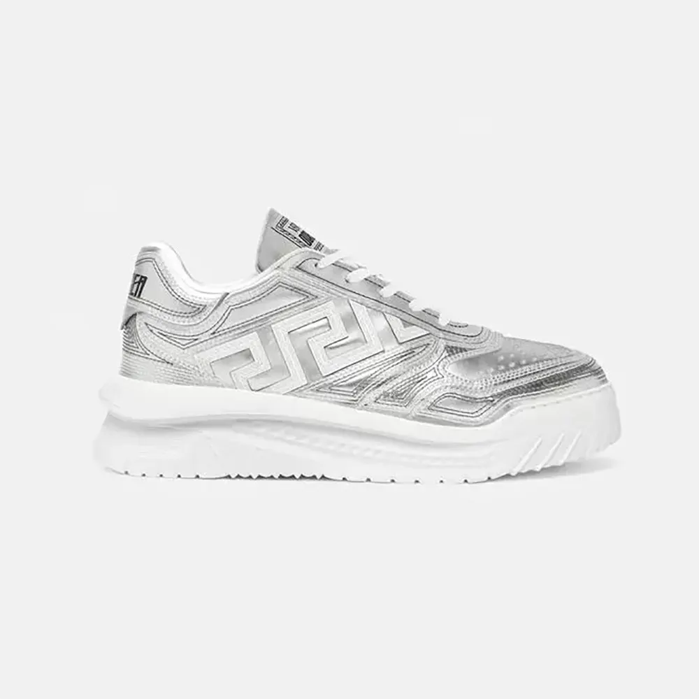 Side profile of Versace Unisex Metallic Greca Odissea Sneakers in silver