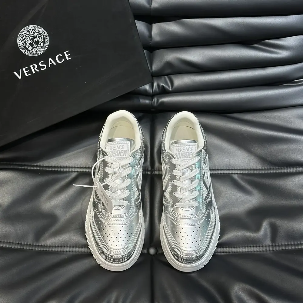 Top view showing lace-up closure on Versace Unisex Metallic Greca Odissea Sneakers