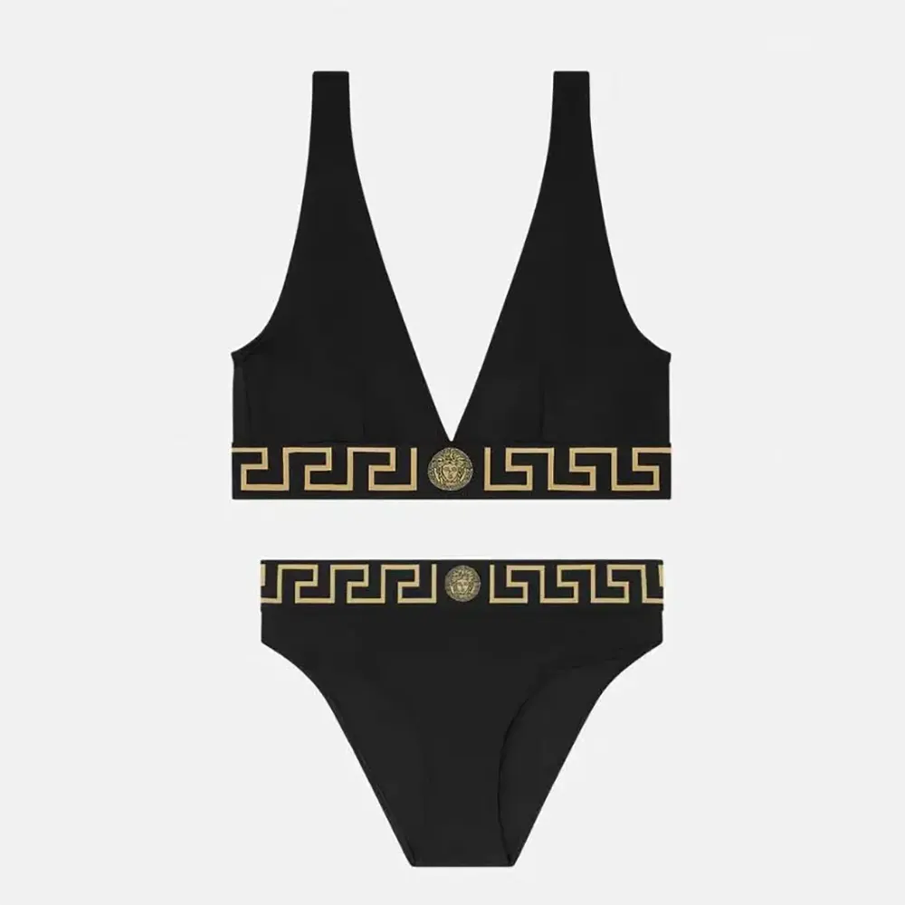 Front view of Versace Women Greca Border Bikini Top in black