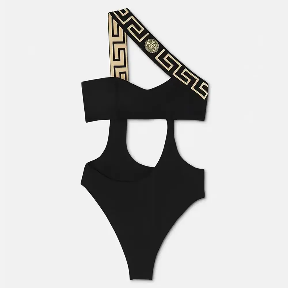 Front view of Versace Women Greca Border One Piece Swimsuit-Black showing Greca border