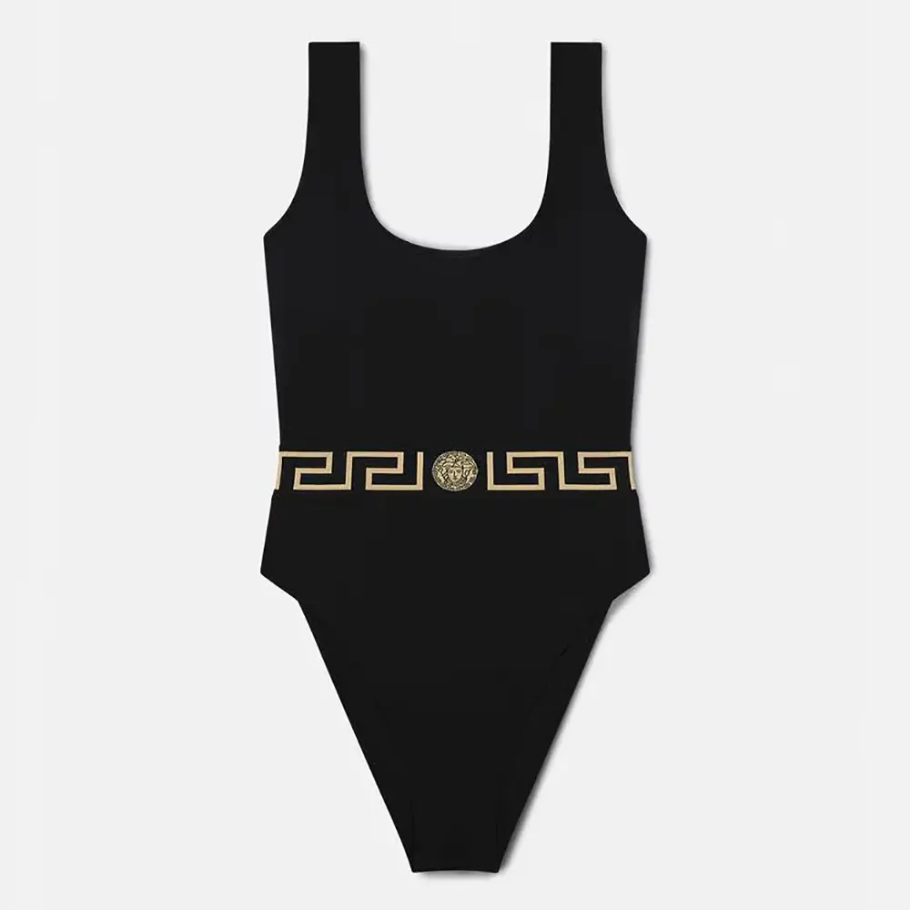 Front view of Versace Women Greca Border One-piece Swimsuit-Black
