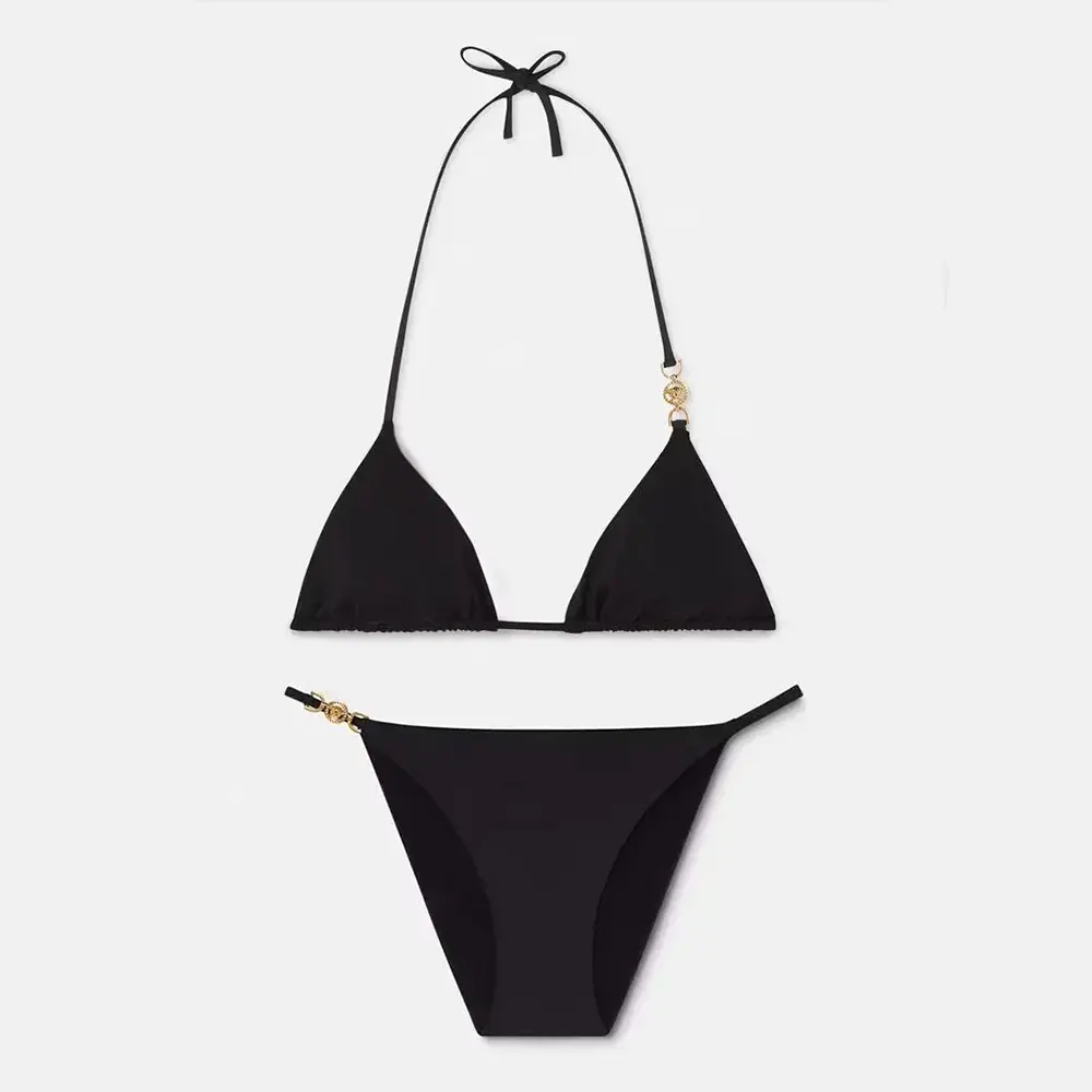 Front view of Versace Women Medusa 95 Bikini Top black with gold detail