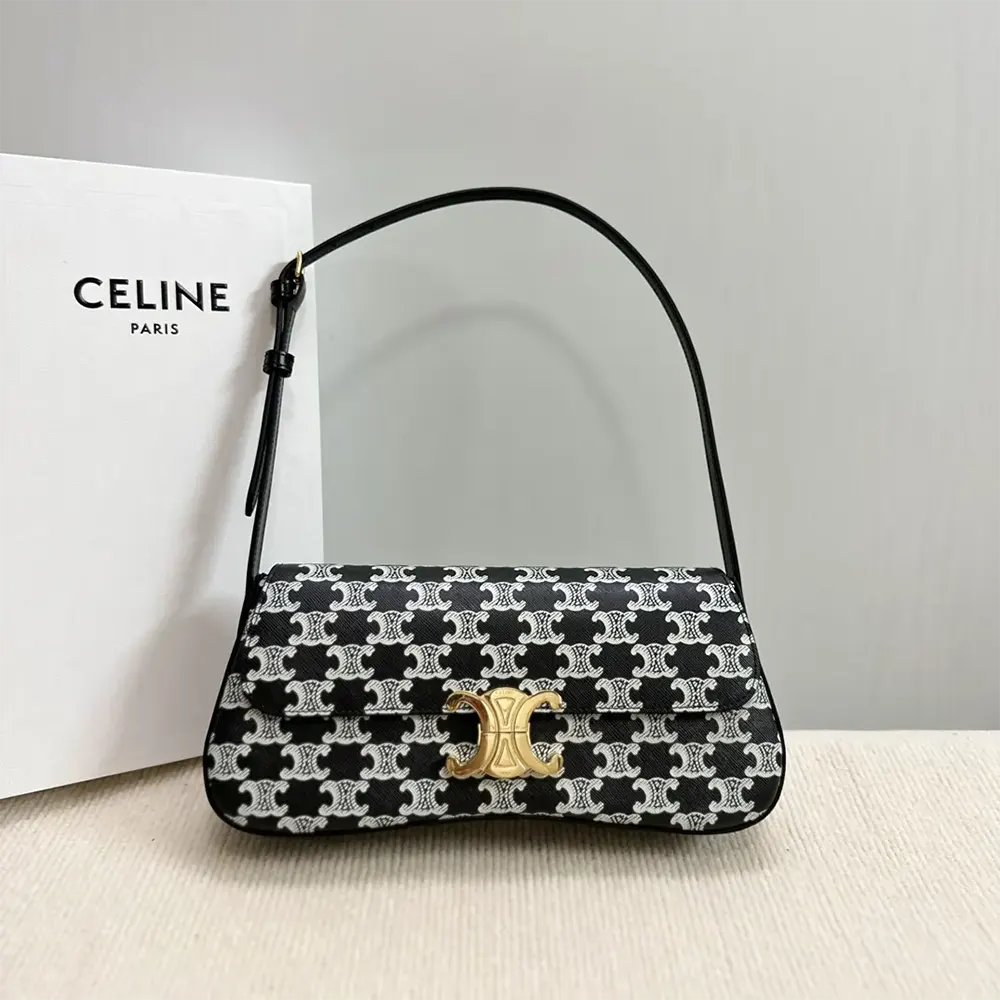 Close-up of gold Triomphe hardware on Celine Women Medium Celine Lola Bag