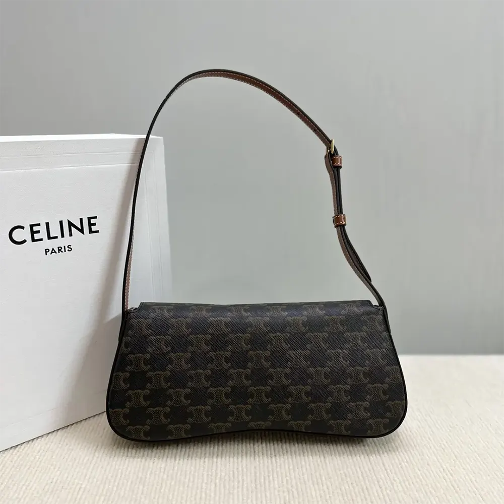 Side profile showing medium size and flap closure of Celine Lola Bag