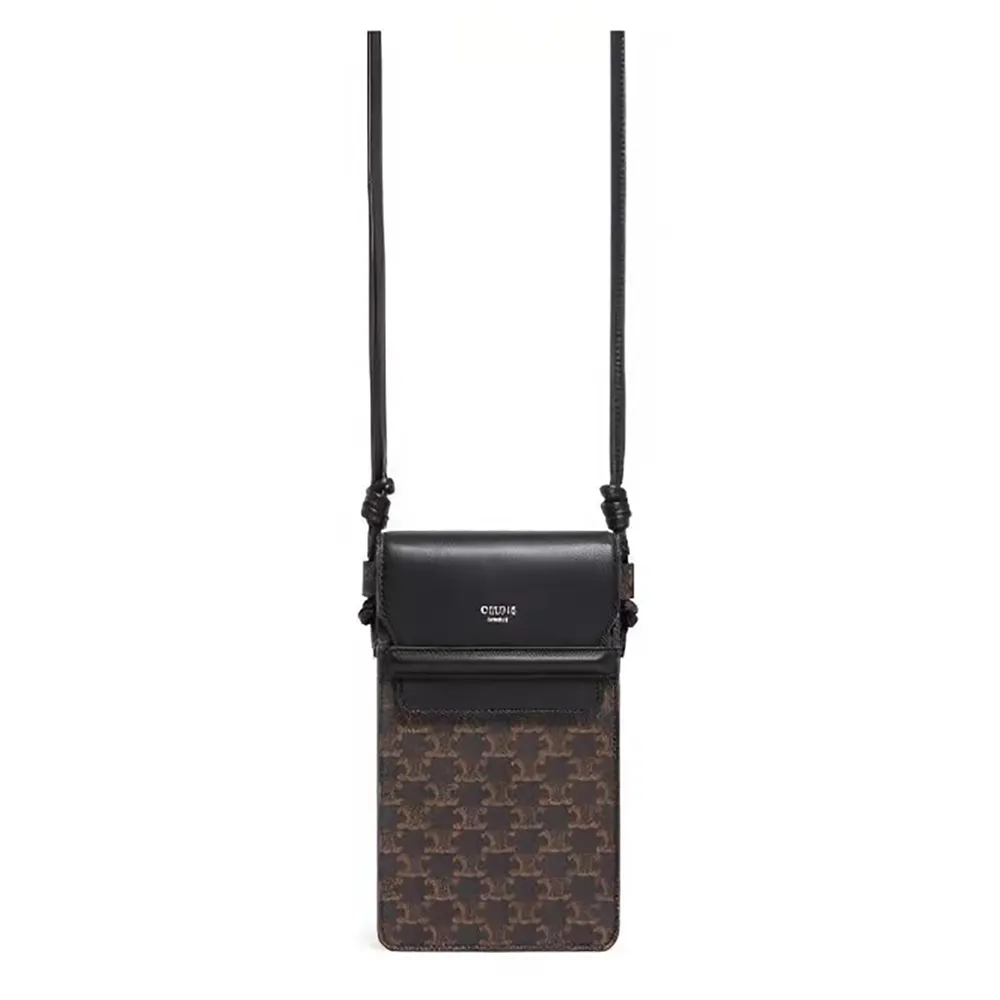 Front view of Celine Women Phone Pouch with Flap in black lambskin