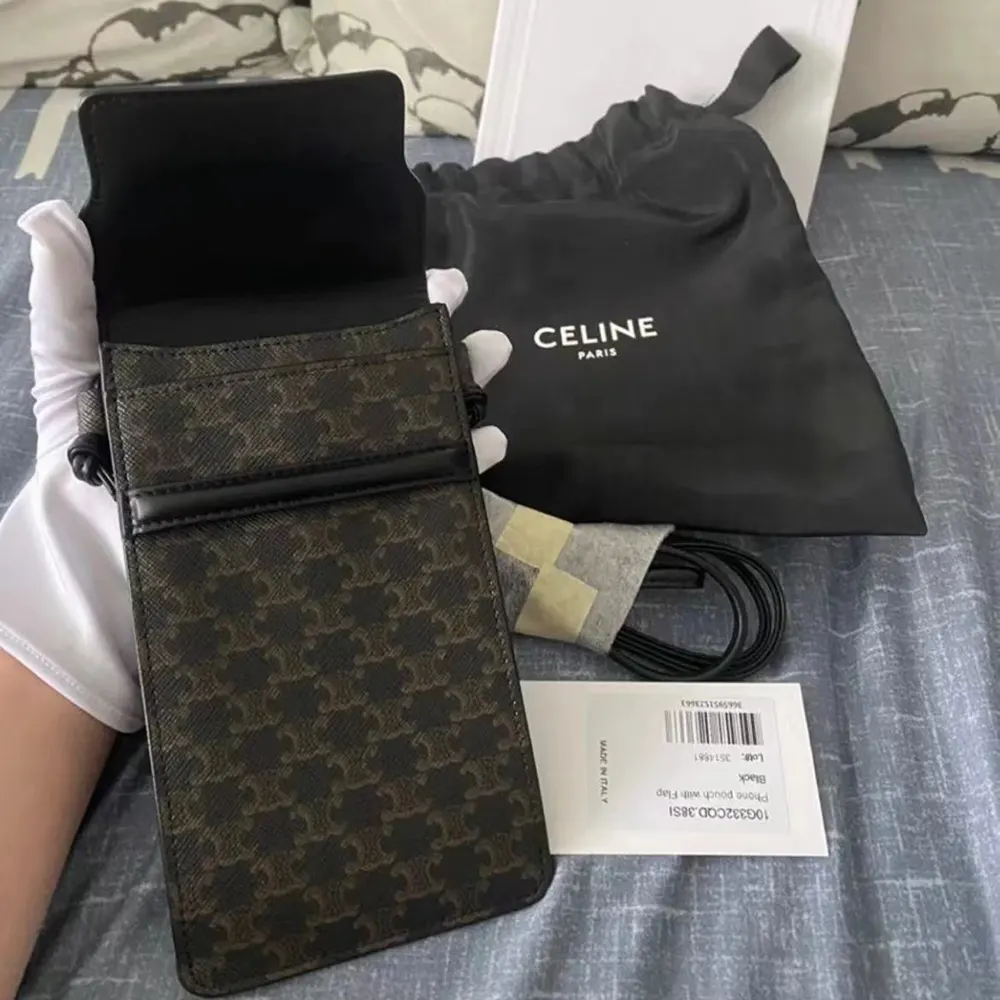 Celine Women Phone Pouch with Flap in Triomphe Canvas and Lambskin-Black - image 4
