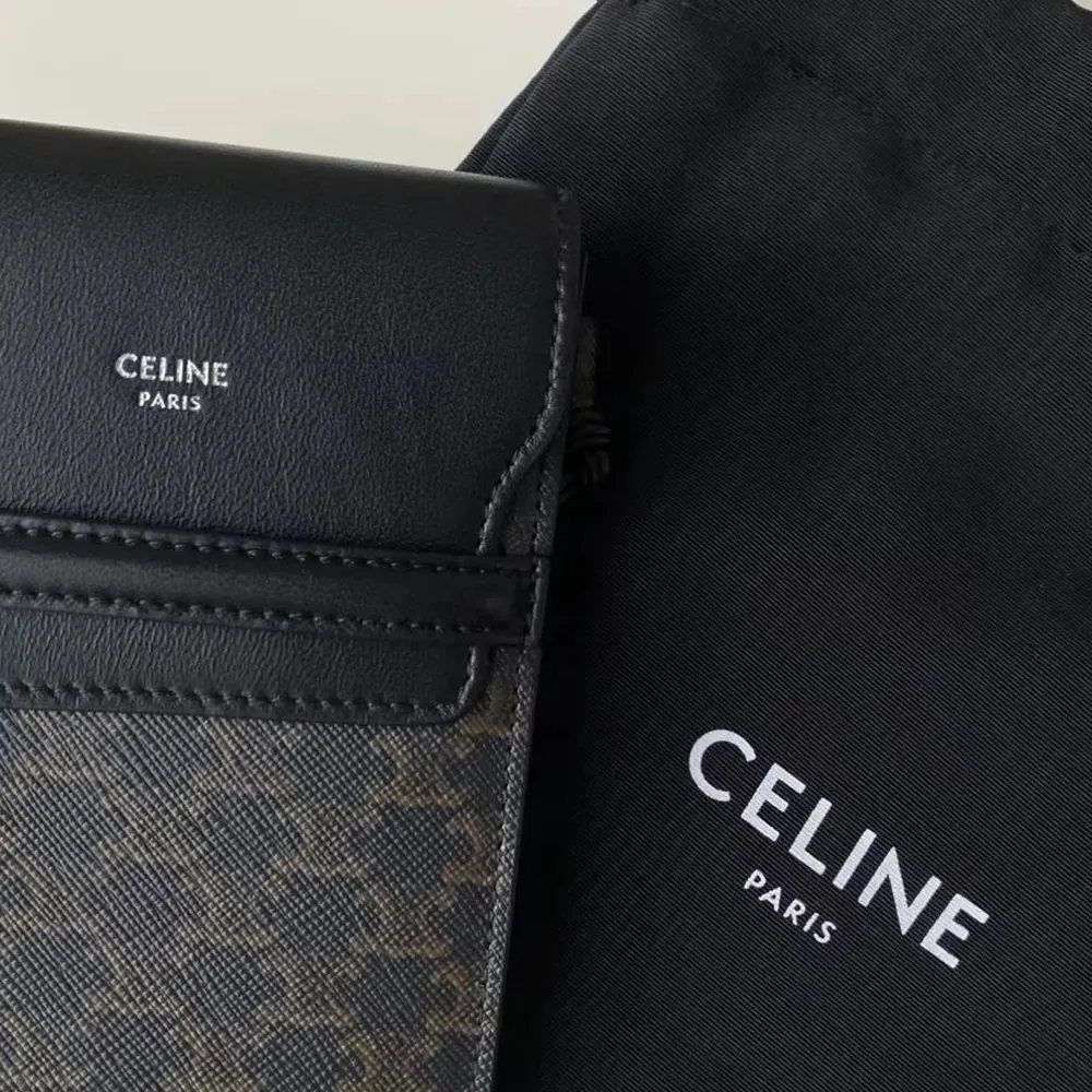 Celine Women Phone Pouch with Flap in Triomphe Canvas and Lambskin-Black - image 6