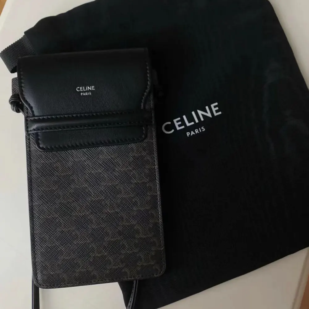 Celine Women Phone Pouch with Flap in Triomphe Canvas and Lambskin-Black - image 5