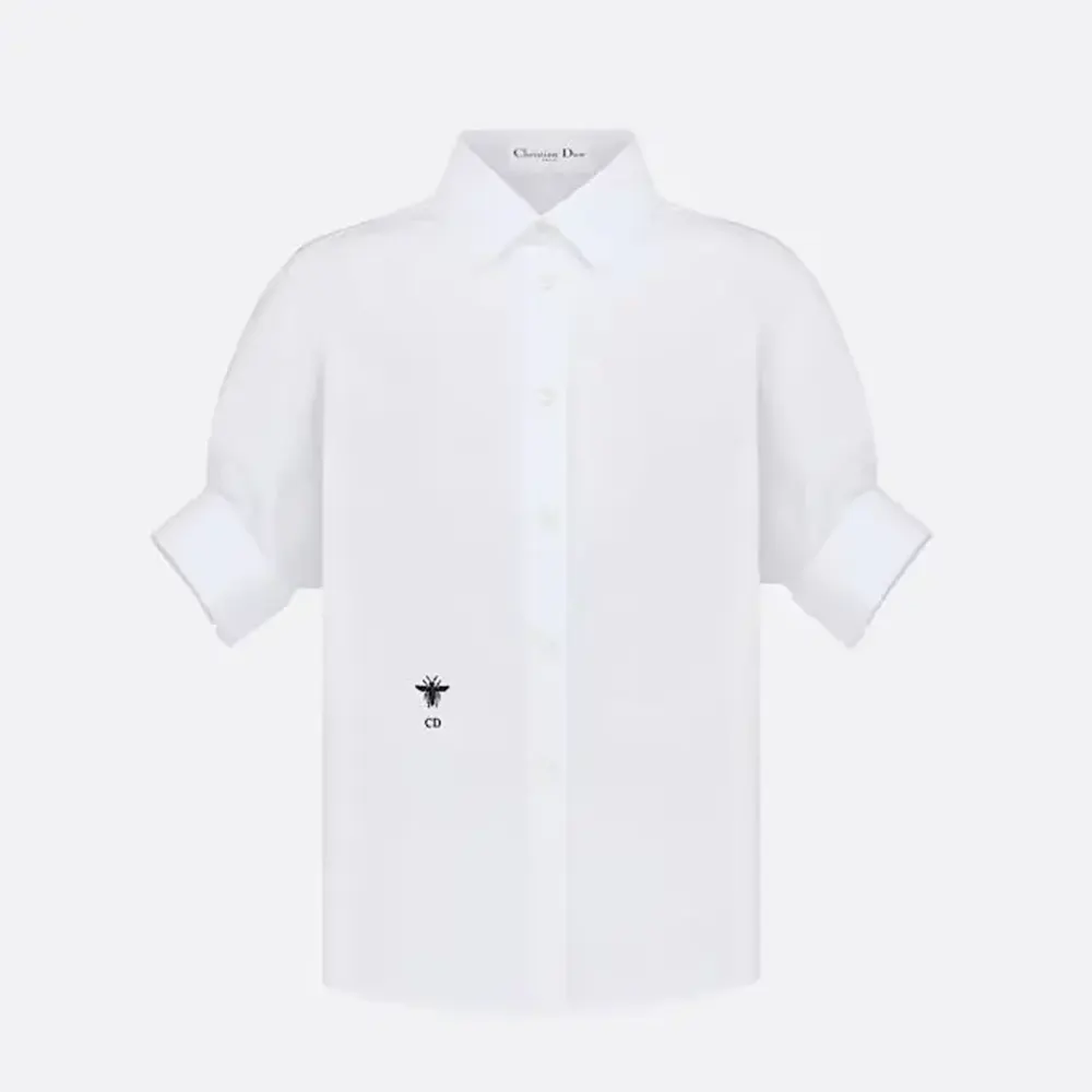 Front view of Dior Women Blouse with Puff Sleeves White Cotton Poplin