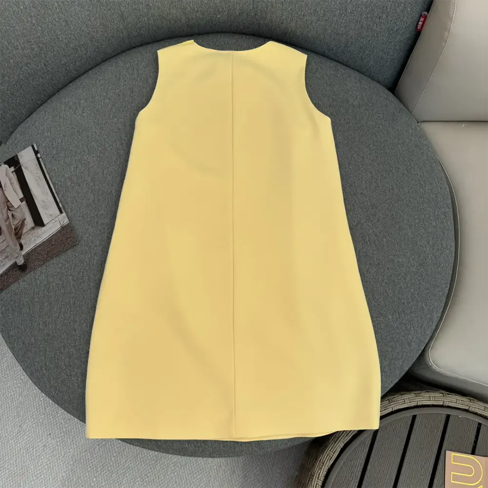 Side profile showcasing silhouette of Dior Women Dioriviera Straight Dress Lemon Yellow Wool and Silk