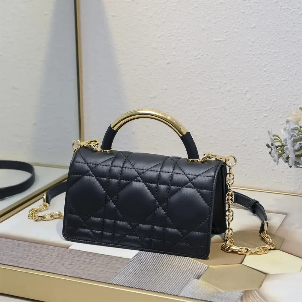 Side profile showing compact silhouette of Dior Women Mini Dior Ange Bag Black leather