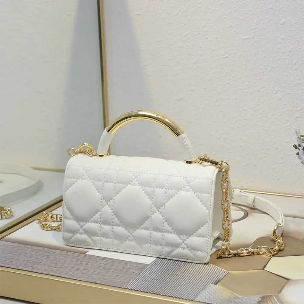 Side angle showing gold hardware on Dior Women Mini Dior Ange Bag