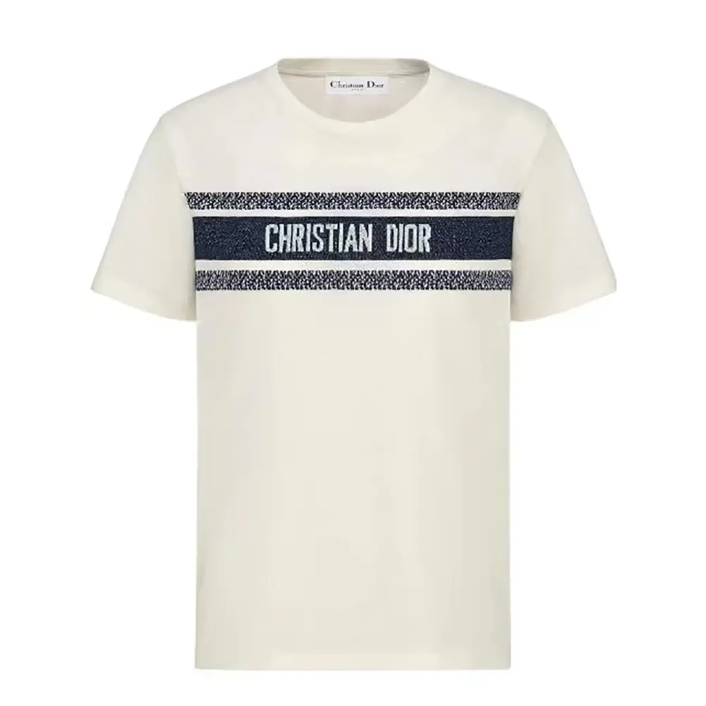 Front view of Dior Men T-Shirt White and Navy Blue Cotton Jersey