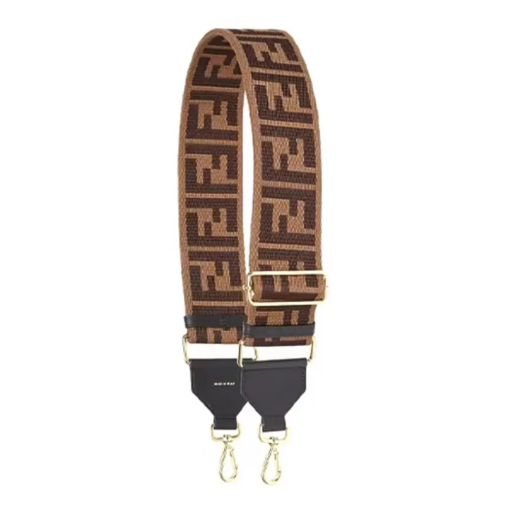 Front view of Fendi Unisex Strap You Brown Canvas Shoulder Strap with gold hardware