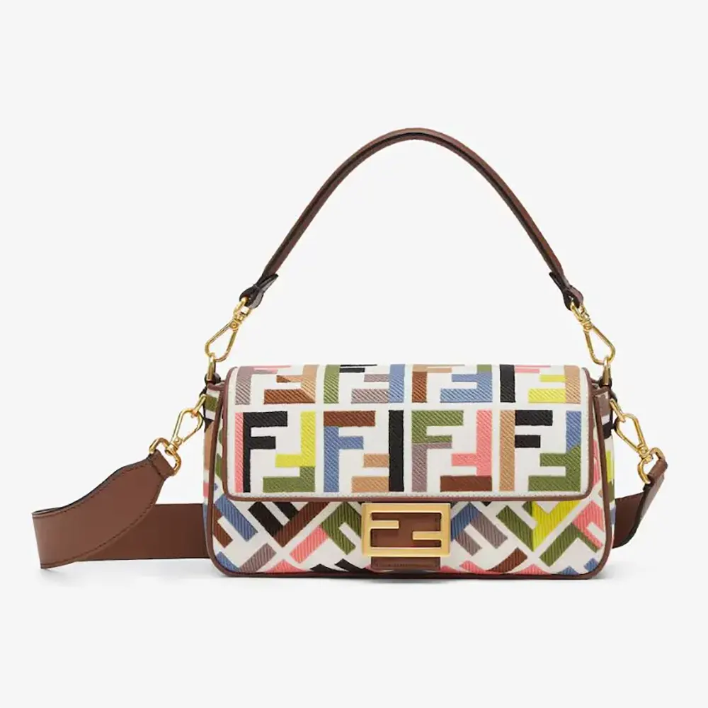 Front view of Fendi Women Baguette Canvas Bag with multicolor FF embroidery