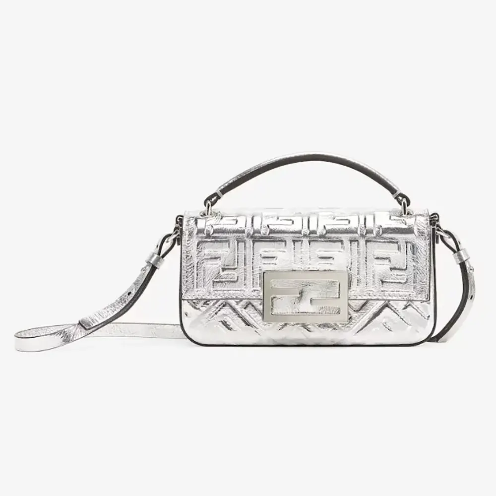 Front view of Fendi Women Baguette Phone Pouch Craquelé Silver Leather Pouch