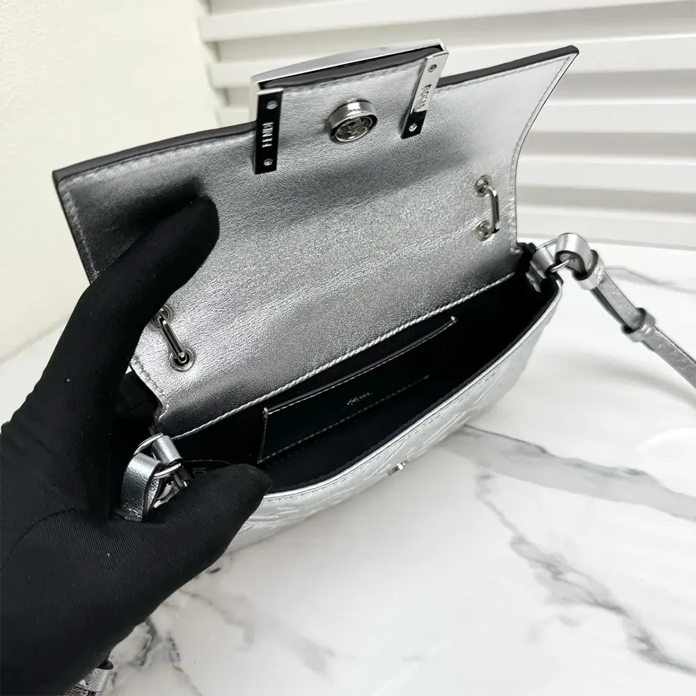 Fendi Women Baguette Phone Pouch Craquelé Silver Leather Pouch - image 5