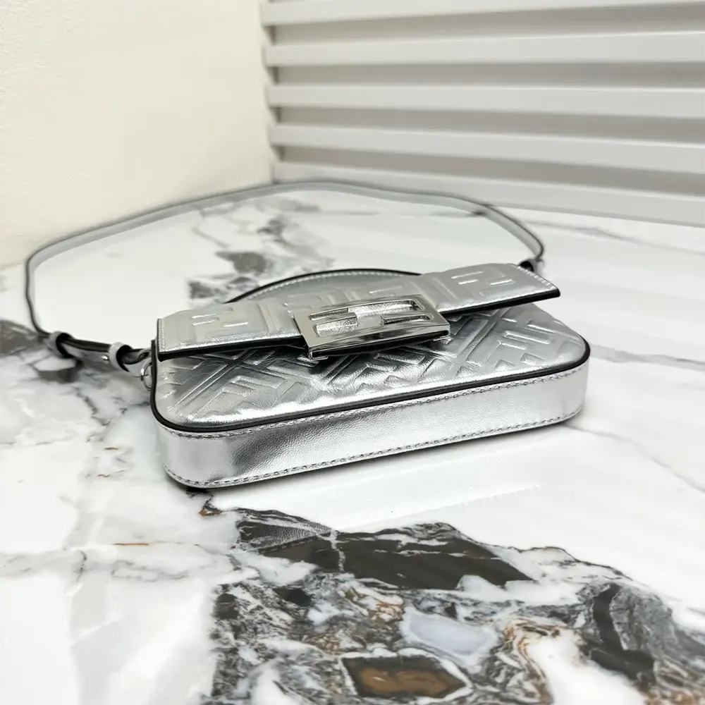 Fendi Women Baguette Phone Pouch Craquelé Silver Leather Pouch - image 4