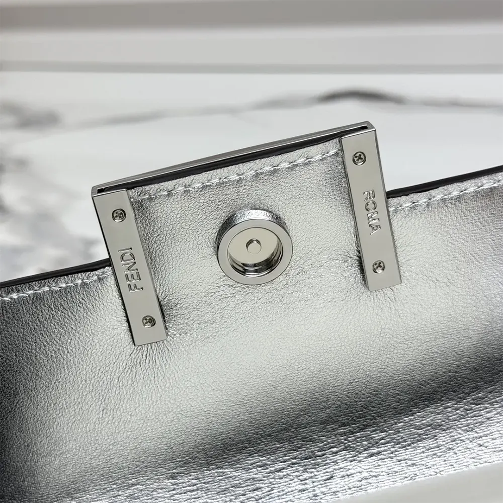 Fendi Women Baguette Phone Pouch Craquelé Silver Leather Pouch - image 9