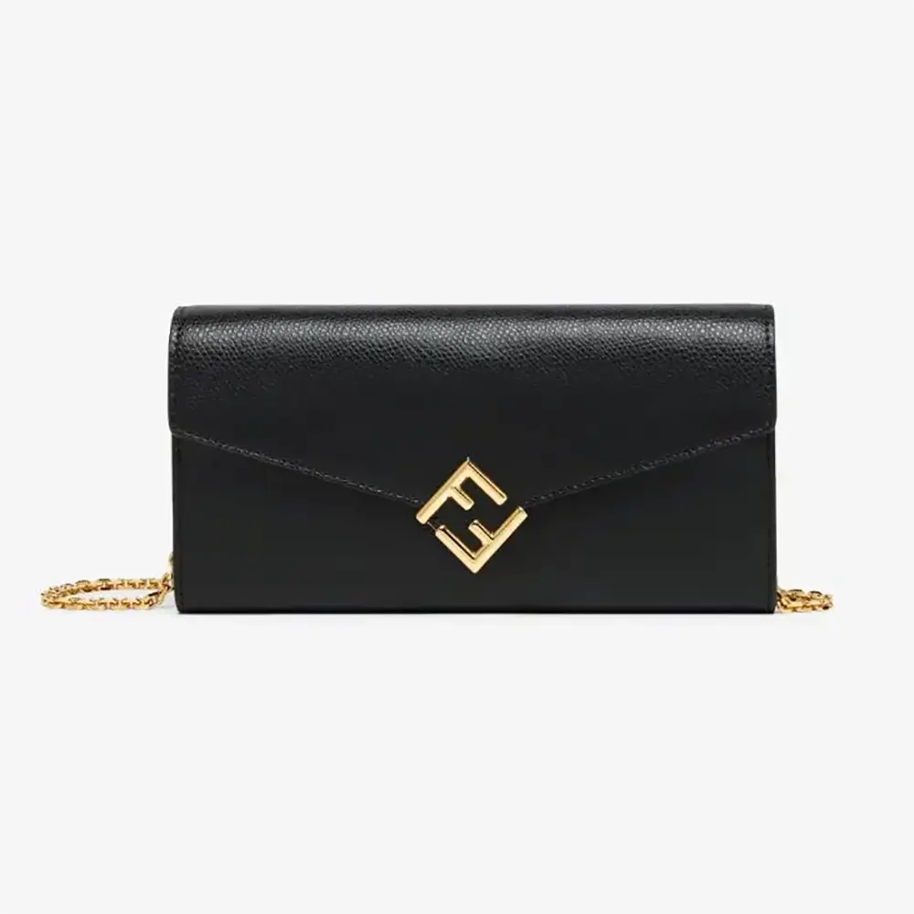 front view of Fendi Women FF Diamonds Continental With Chain Black Leather Wallet