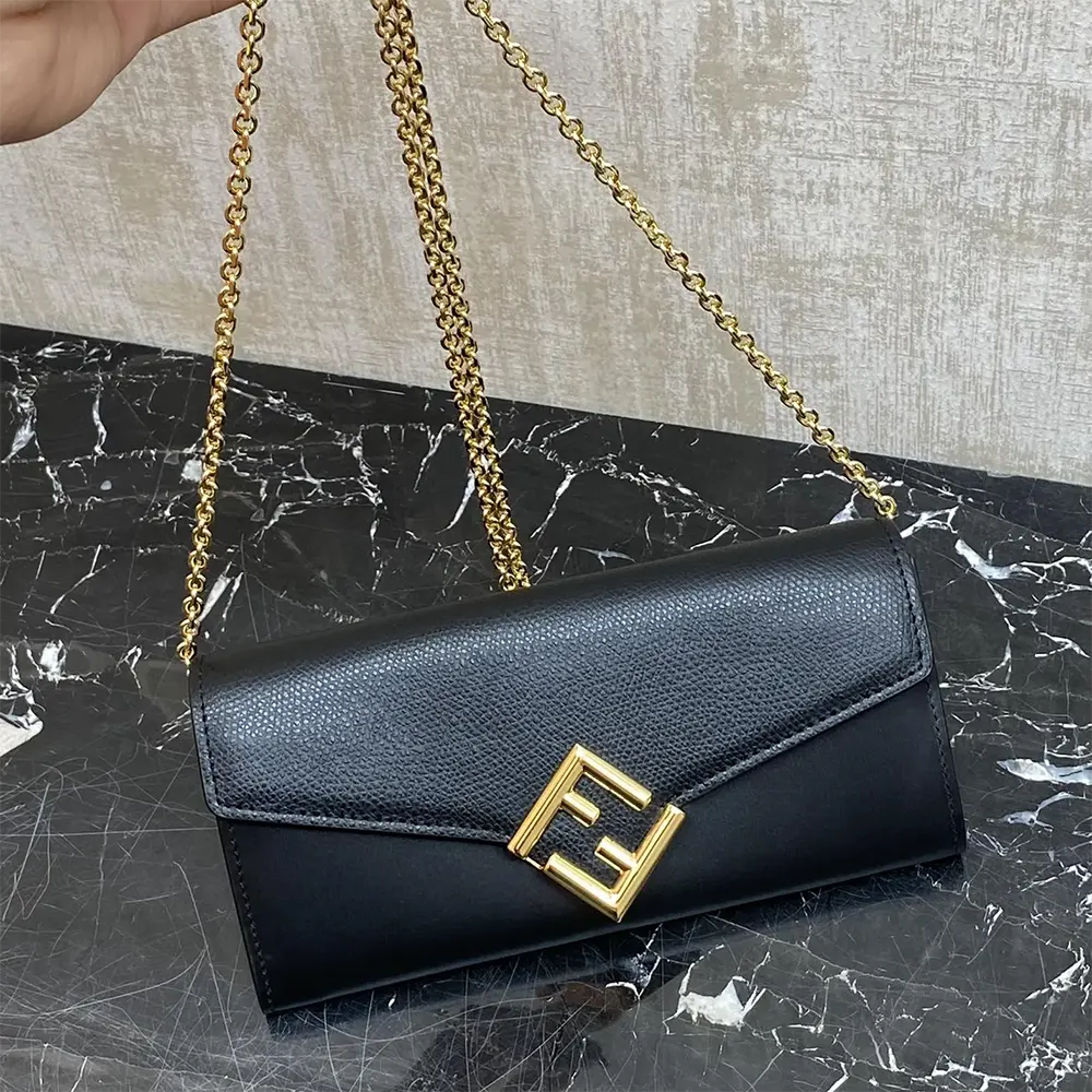 close-up detail of embossed FF diamond pattern on Fendi black leather wallet