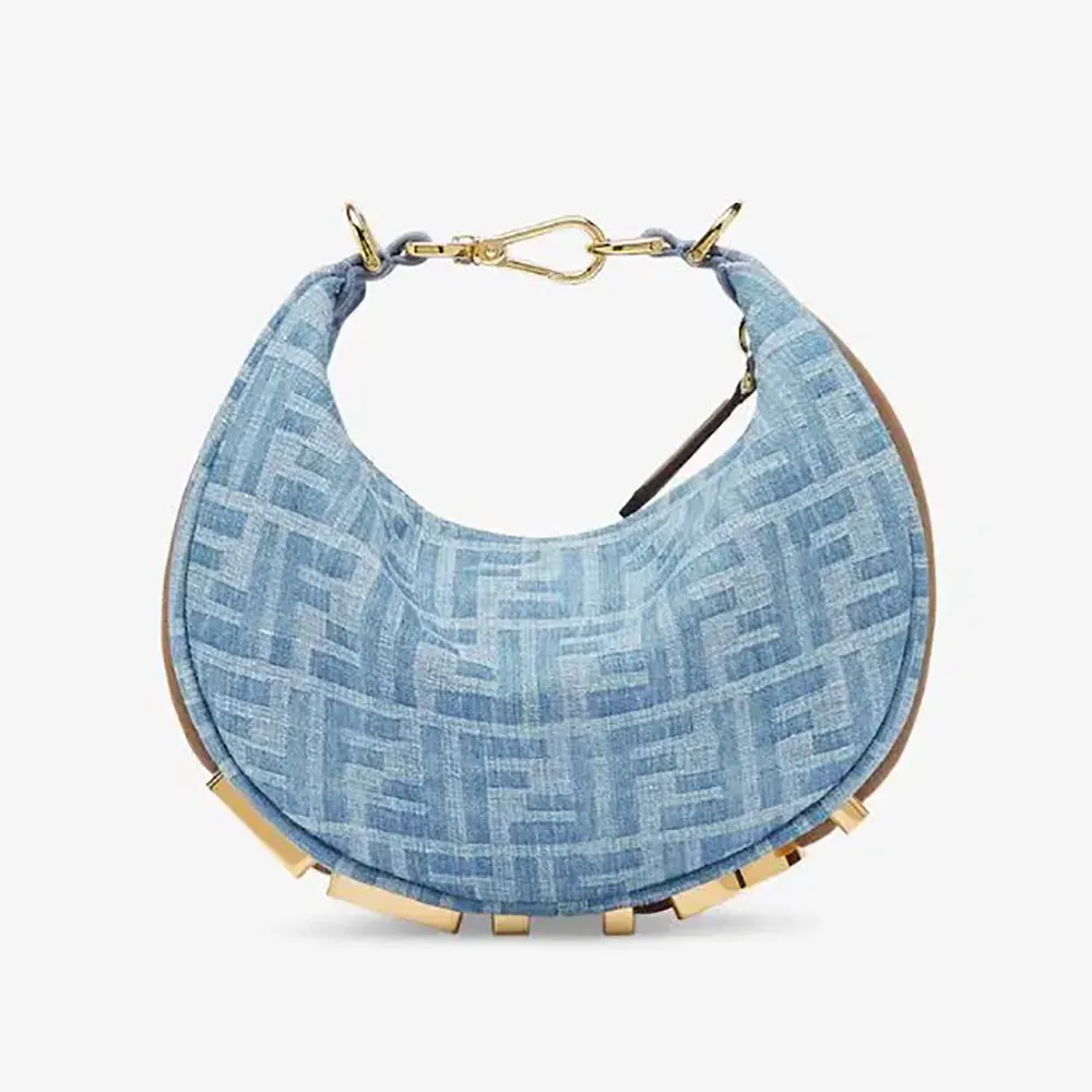 Front view of Fendi Women Fendigraphy Mini Light Blue FF Denim Fabric Mini Bag