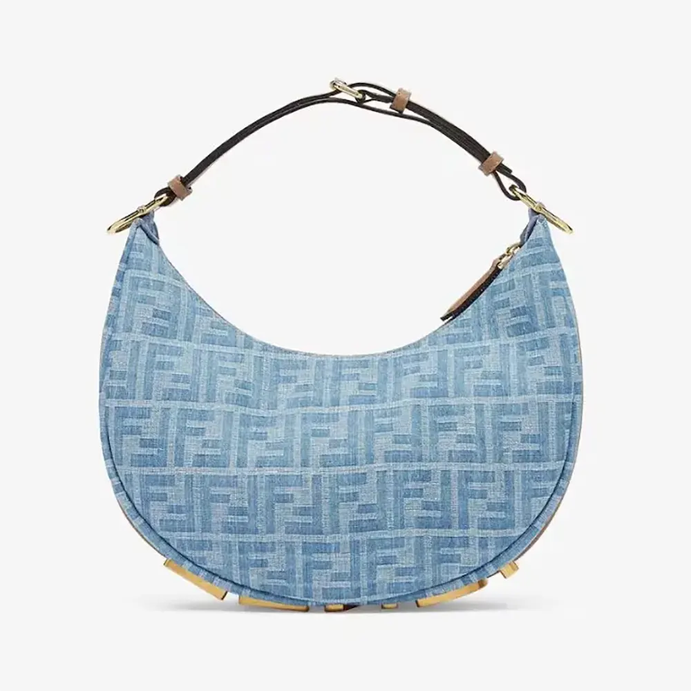 Front view of Fendi Women Fendigraphy Small Light blue FF Denim Fabric Bag