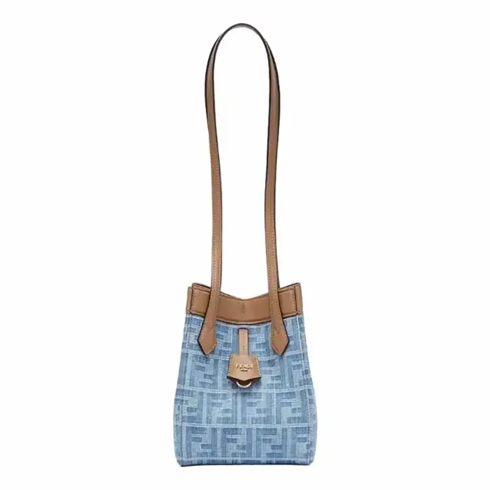 Front angle of Fendi Women Origami Mini Light Blue FF Denim Fabric Mini Bag