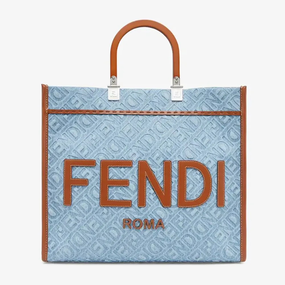Front view of Fendi Women Sunshine Medium Light Blue Denim Shopper Bag