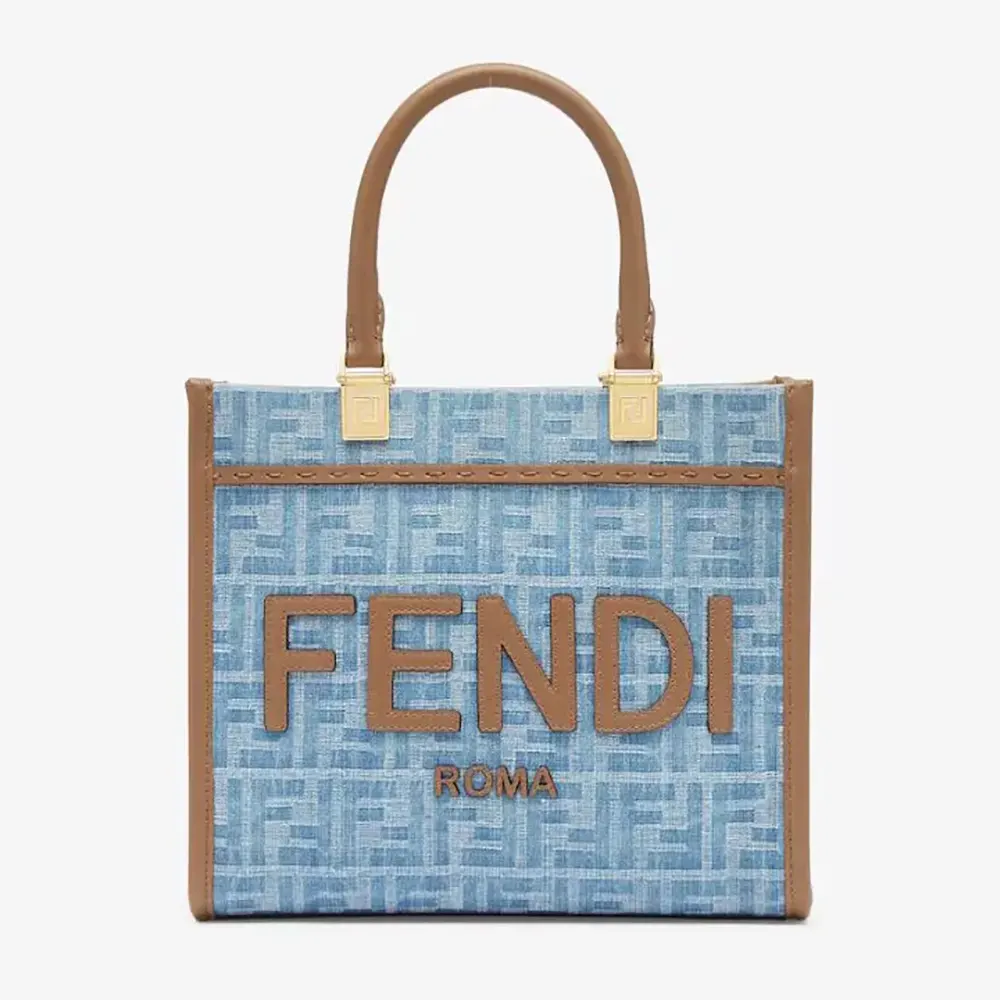 Front view of Fendi Women Sunshine Small Light Blue FF Denim Fabric Shopper