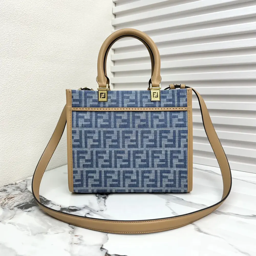 Fendi Women Sunshine Small Light Blue FF Denim Fabric Shopper - image 4