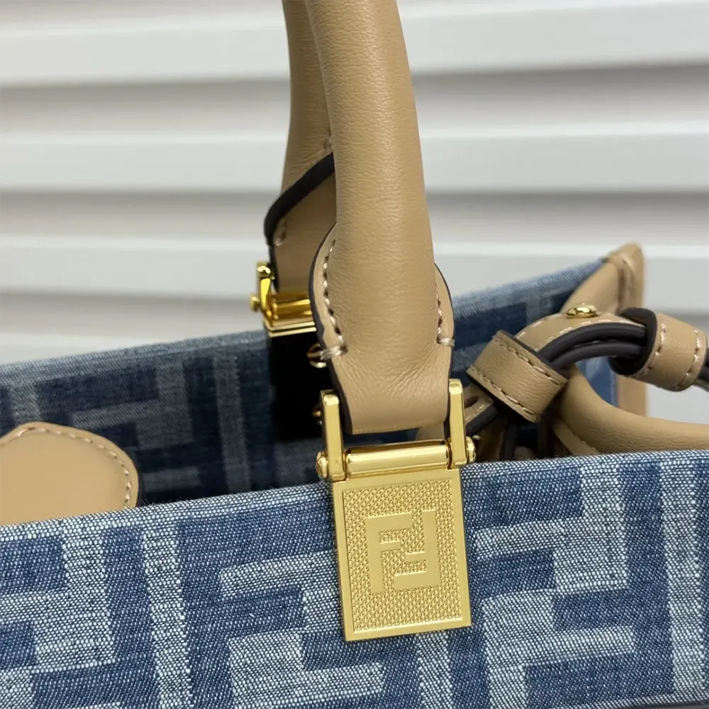Fendi Women Sunshine Small Light Blue FF Denim Fabric Shopper - image 7
