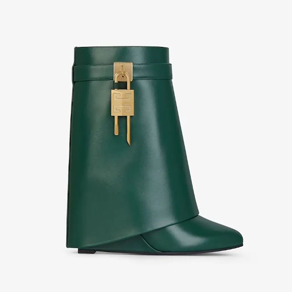 Side view of Givenchy Women Shark Lock Ankle Boots in dark green leather