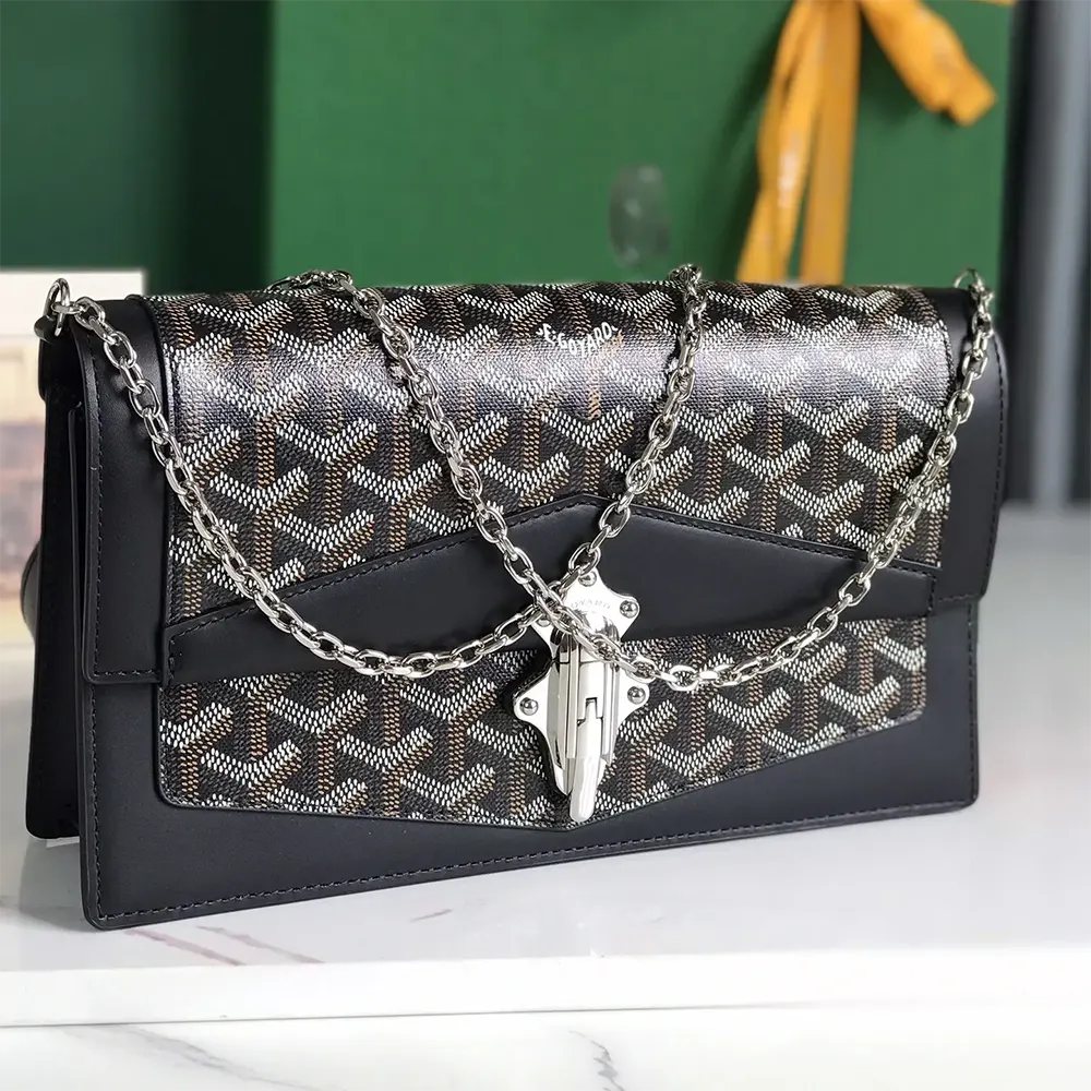 Side view highlighting silhouette and adjustable strap of Goyard Unisex Duchesse Marie Caroline Bag-Black