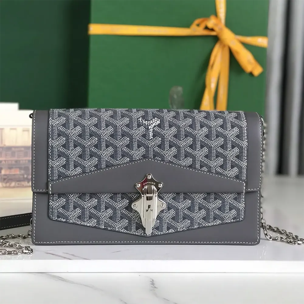 Close-up of signature Goyardine canvas on Duchesse Marie Caroline Bag-Grey