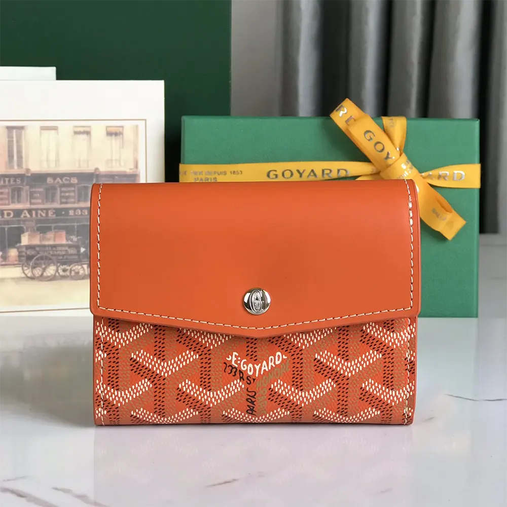 Close-up of signature coated canvas and brass hardware on Goyard wallet