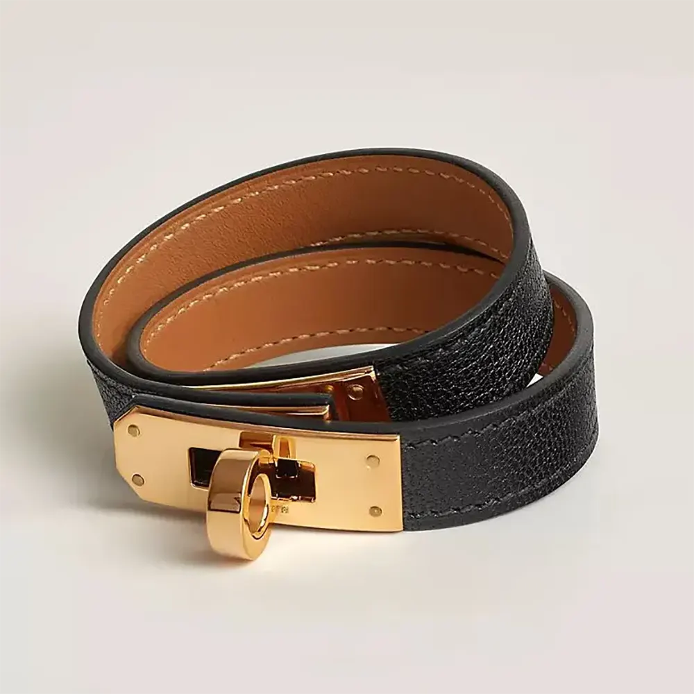 Close-up of Hermes Unisex Kelly Double Tour Bracelet black leather and clasp