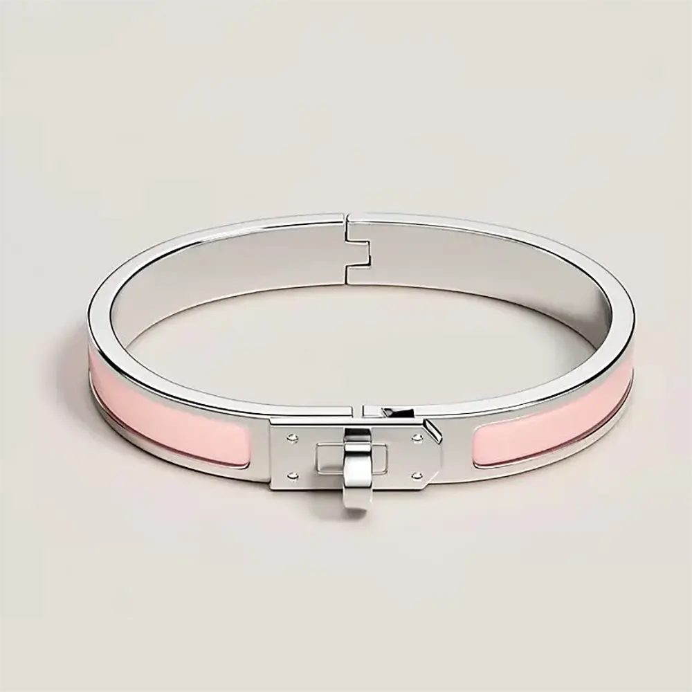 Hermes Unisex Mini Clic Kelly Bracelet-Pink close-up of H clasp detail