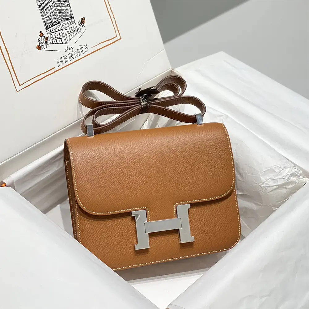 Close-up of silver H clasp on Hermes Women Constance 18 Bag