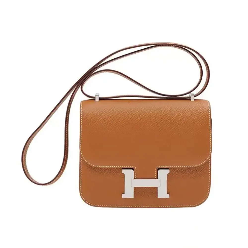 Front view of Hermes Women Constance 18 Bag Epsom Leather-Brown/Silver