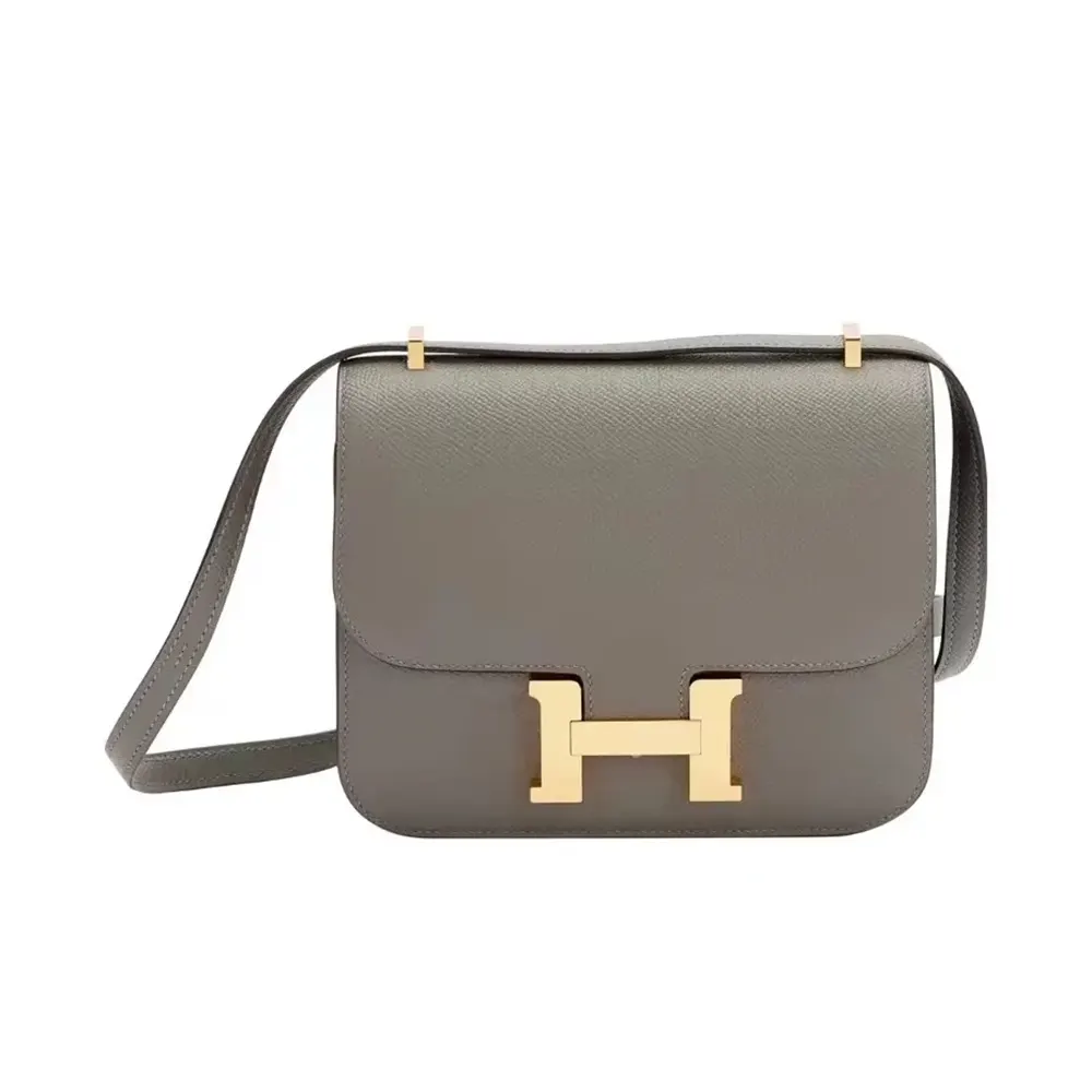 Front view of Hermes Women Constance 18 Bag Epsom Leather-Silver/Gold with clasp