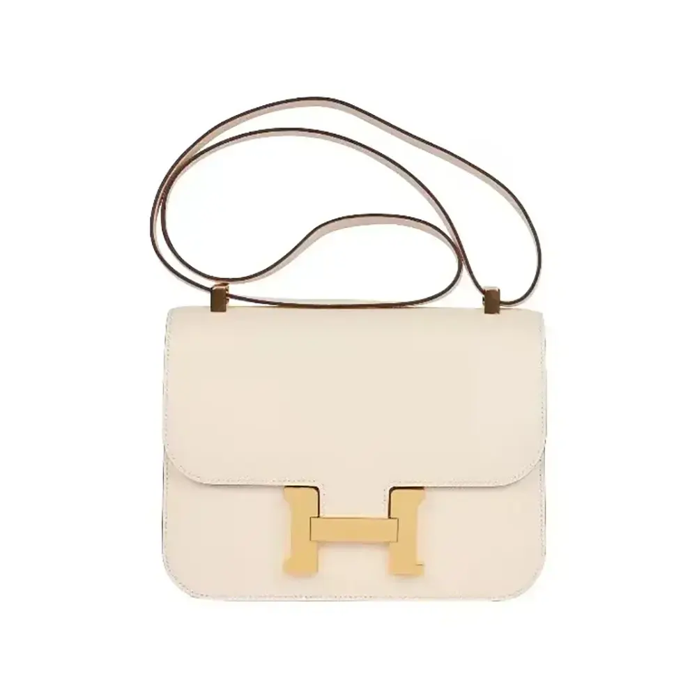 Front view of Hermes Women Constance 18 Bag Epsom Leather-White/Gold