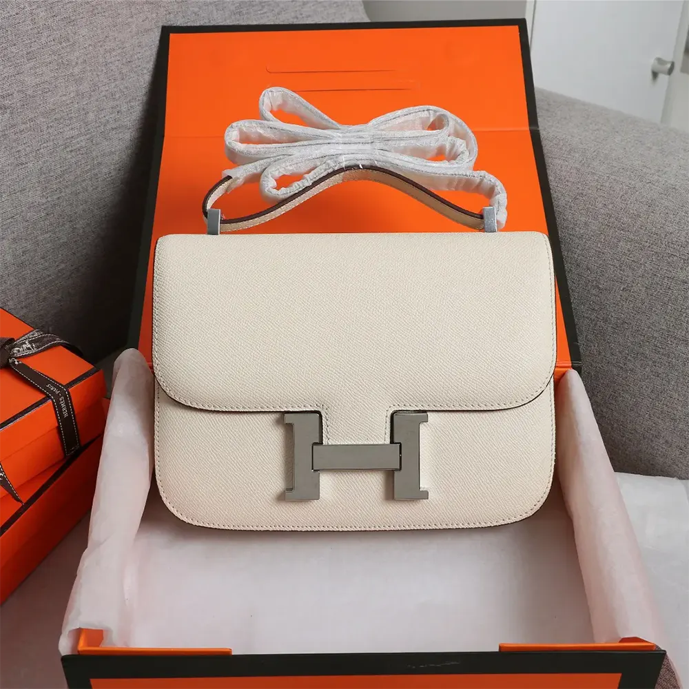 Close-up of silver H clasp on Hermes Women Constance 18 Bag