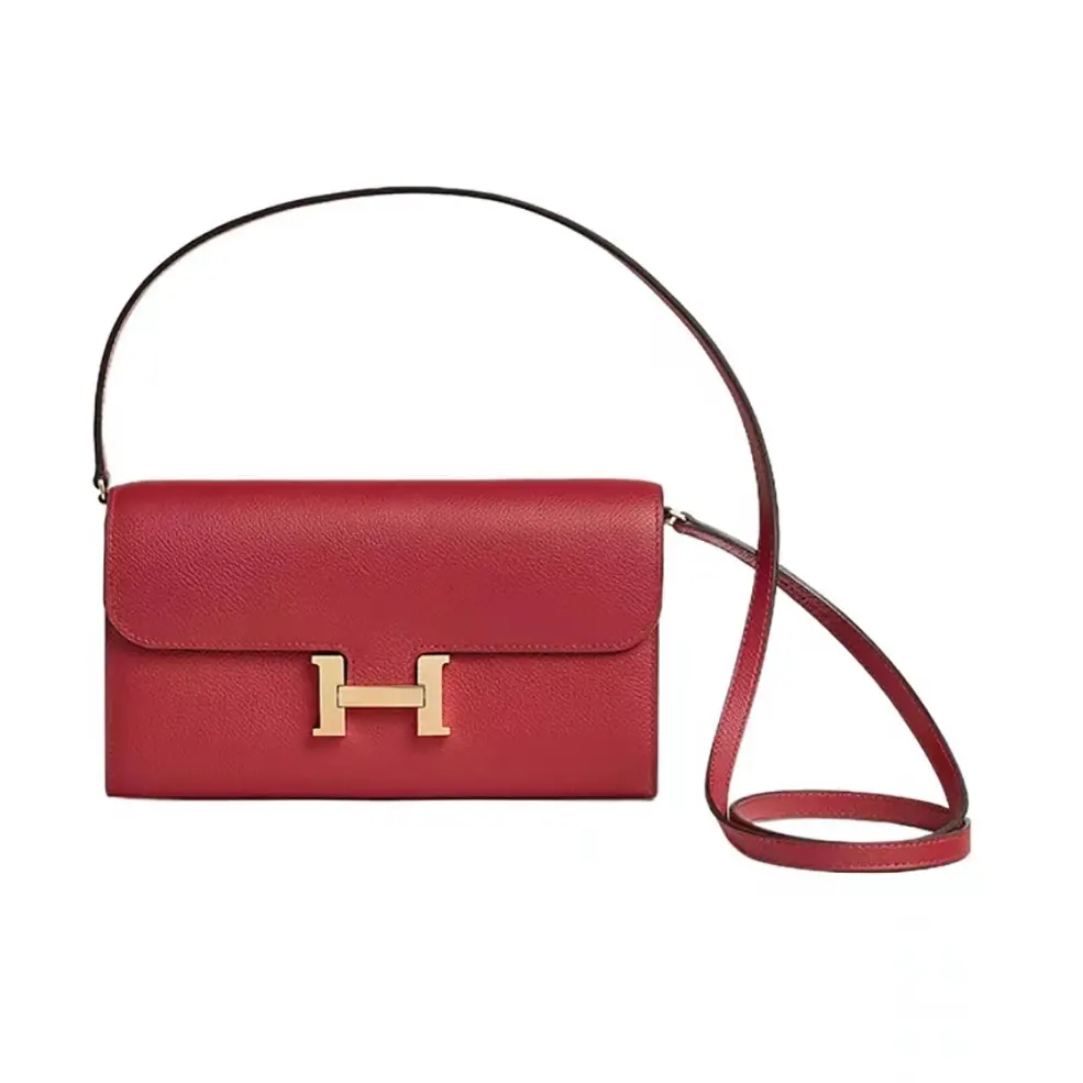 Front view of Hermes Women Constance Long To Go in red Epsom leather