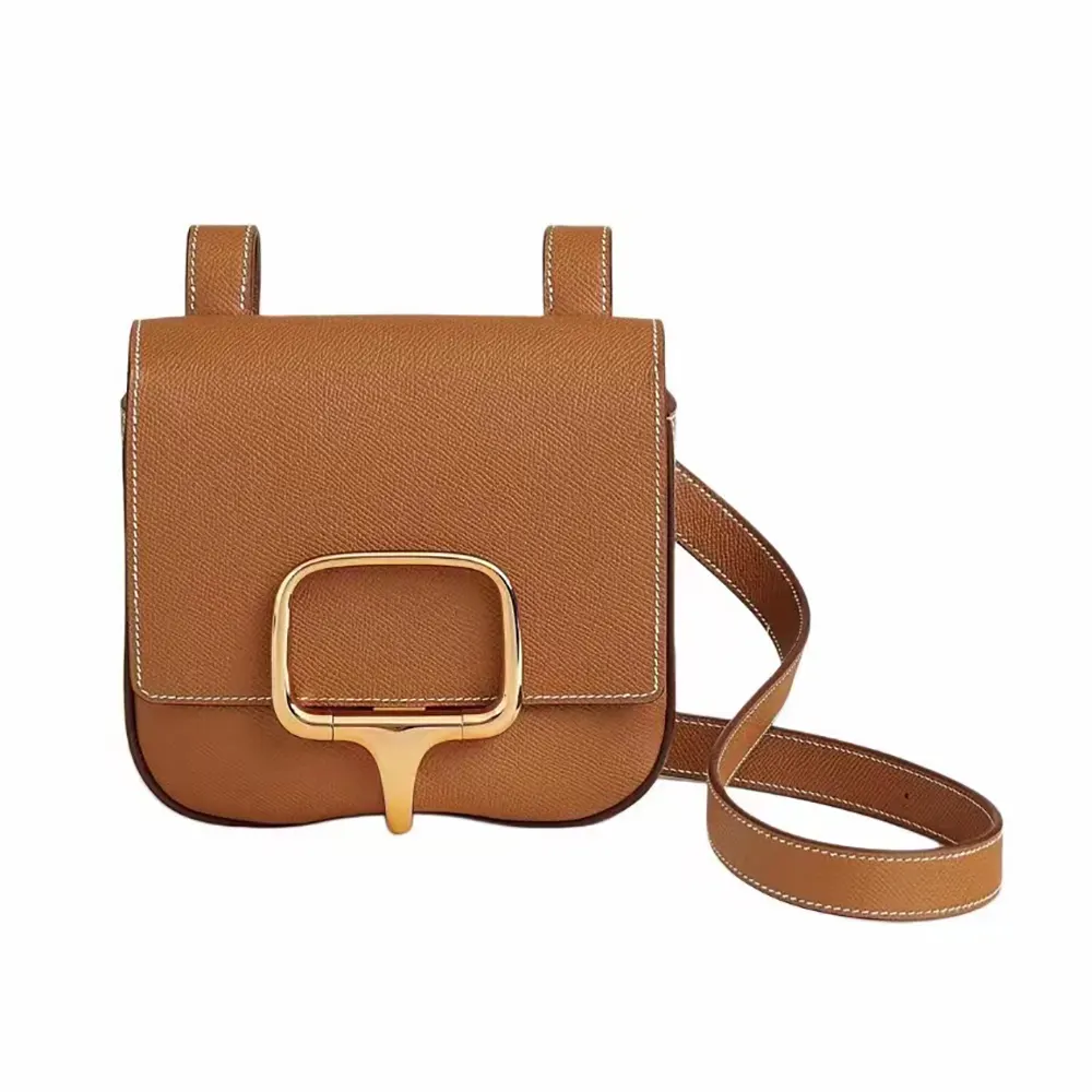 Front view of Hermes Women Della Cavalleria Mini Bag Epsom Leather-Brown/Gold