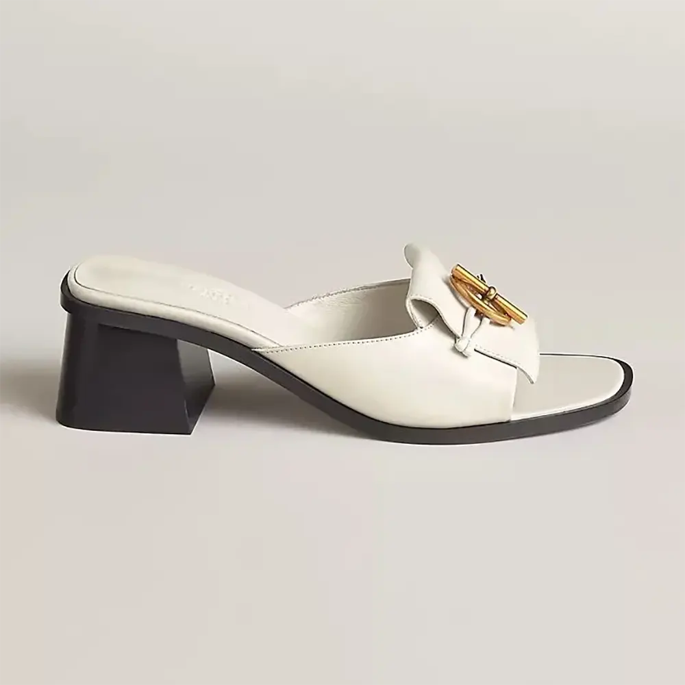Front angle view of Hermes Women Ilot 50 Sandal in white calfskin leather