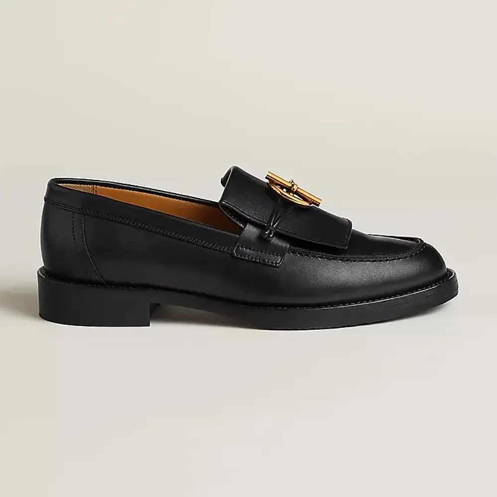 Side profile of Hermes Women Impact Loafer in Calfskin Leather-Black